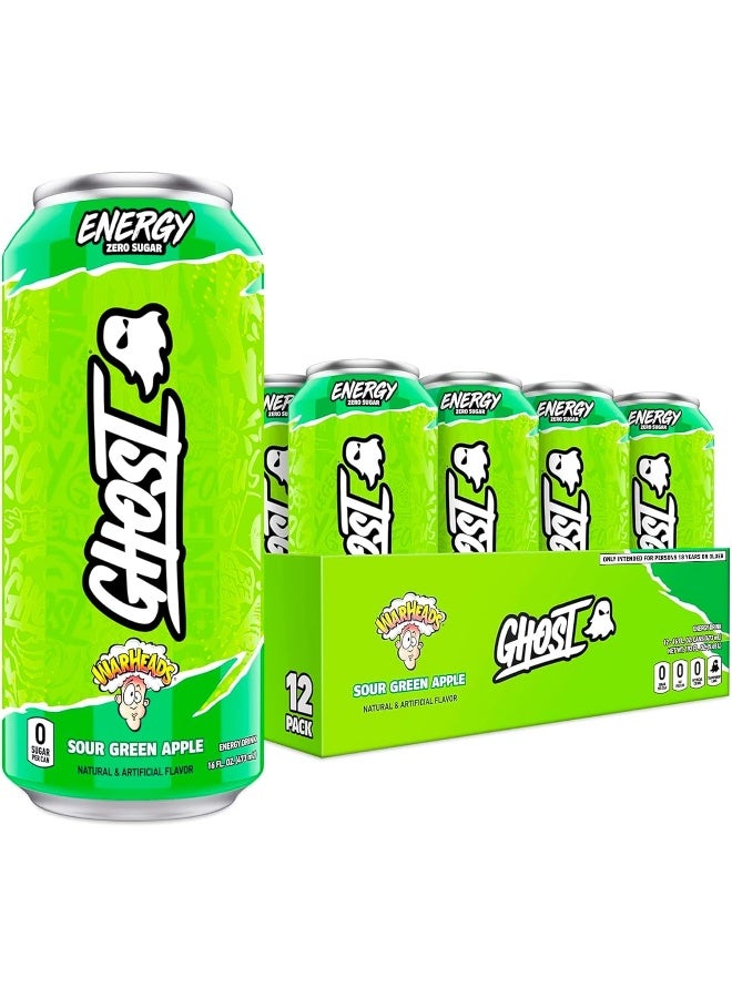 Ghost مشروب الطاقة GHOST - عبوة 12، نكهة تفاح أخضر حامض من Warheads، 16 أونصة - Image 1